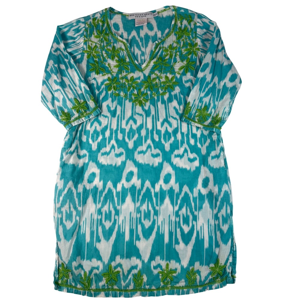 Gretchen Scott Tunic Dress Womens Small Blue Cotton Ikat Floral Coastal Resort
